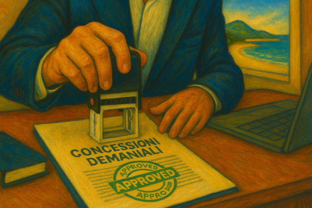 Documento di concessione demaniale con timbro di approvazione su scrivania