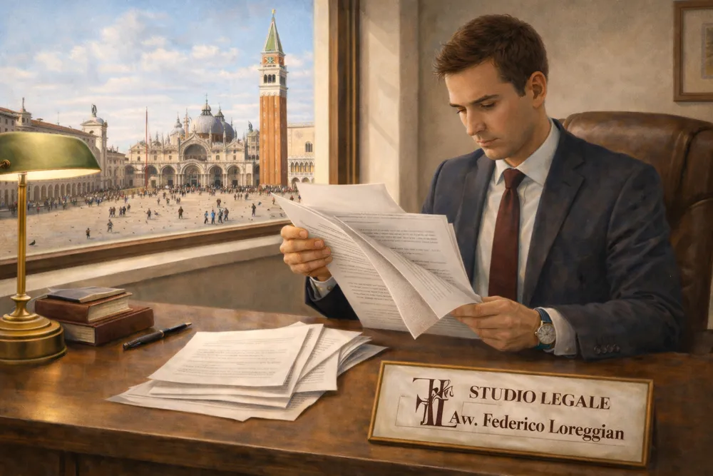 Avvocato esamina un contratto nello studio legale Loreggian a Venezia 