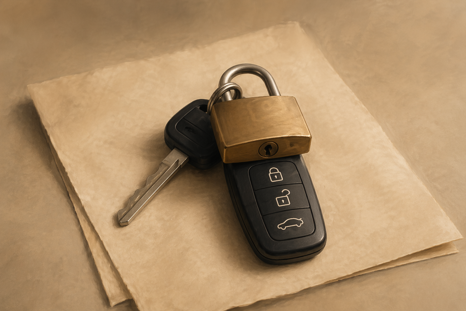 Chiave auto bloccata da un lucchetto su documento di proprietà del veicolo