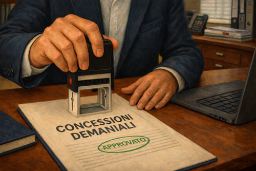 Documento di concessione demaniale con timbro di approvazione su scrivania e consulenza legale